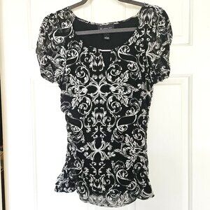 INC ruched short sleeve top black and white print scoop neck women's large